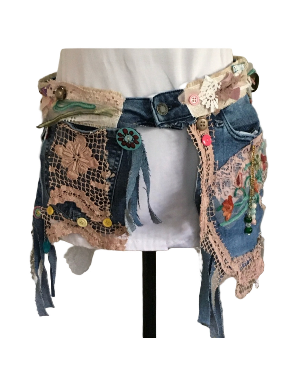 Hand Crafted Denim Belt Upcycled with Laces and Embroidered by hand Size 31
